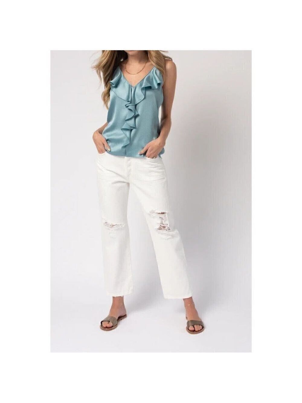 FORTE Forte New Aqua Marine Tank Top Women BNWOT Silk Blend Ruffles